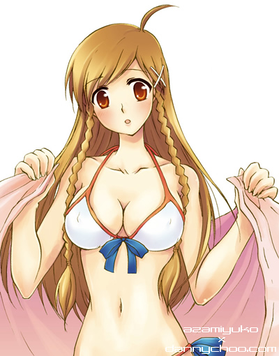 ahoge azamiyuko bikini braid breasts brown_hair cleavage covered_nipples culture_japan large_breasts navel ribbon solo suenaga_mirai swimsuit towel twin_braids