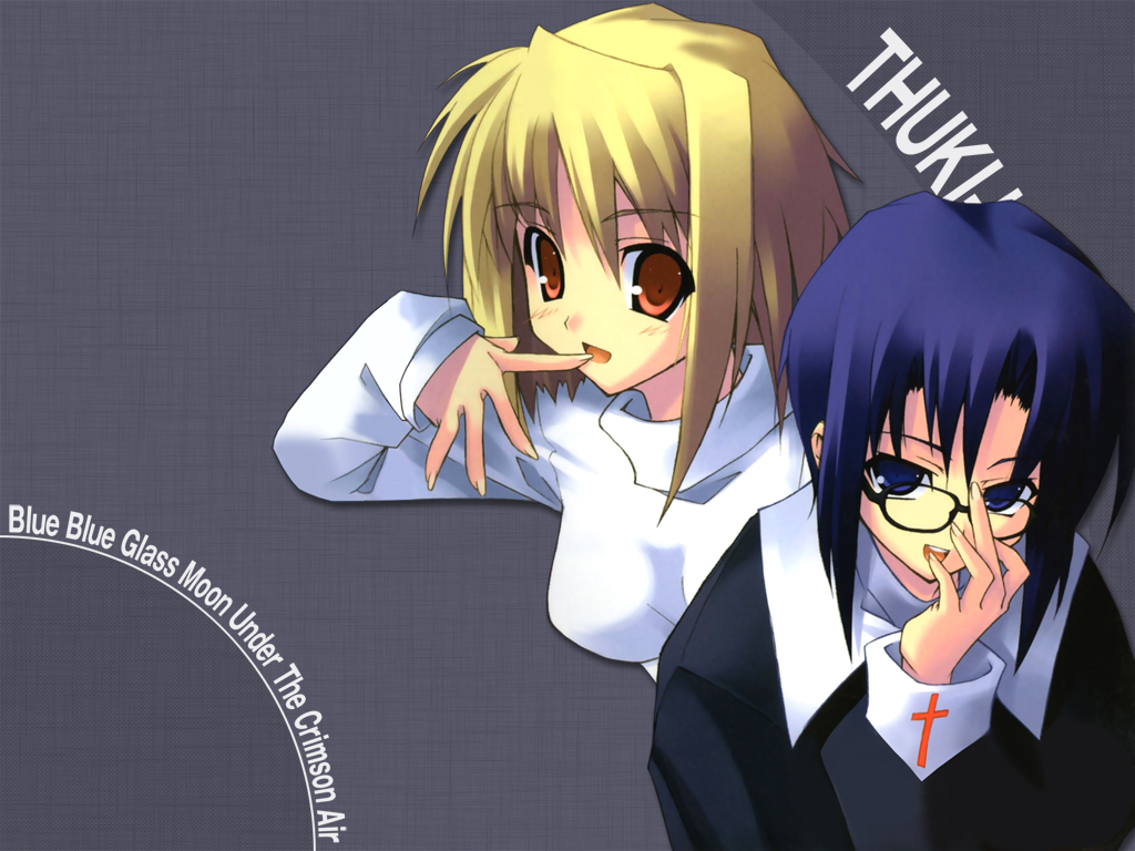 :d adjusting_eyewear arcueid_brunestud artist_request blonde_hair ciel cross_print eyebrows_visible_through_hair finger_to_mouth glasses grey_background long_hair looking_at_viewer multiple_girls open_mouth red_eyes simple_background smile sweater text_focus tsukihime upper_body wallpaper
