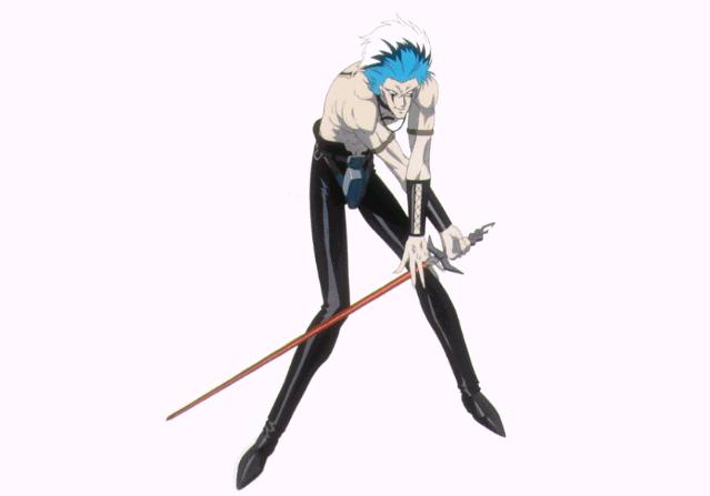 1boy black_pants blue_hair eretzvaju evil_zone face_paint leaning_forward lie linedwell_rainrix long_sword pants shahal shirtless simple_background solo sword topless weapon white_background