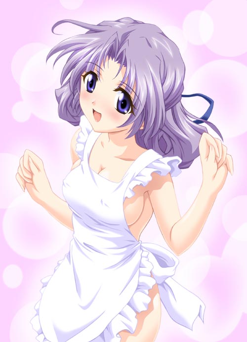 :d apron artist_request blue_eyes blush bow breasts cleavage clenched_hands covered_nipples cowboy_shot fingernails frilled_apron frills from_side hair_ribbon kamimae_yuuki large_breasts light_particles long_fingernails long_hair love_multiple! naked_apron open_mouth purple_background purple_hair ribbon sideboob smile solo standing