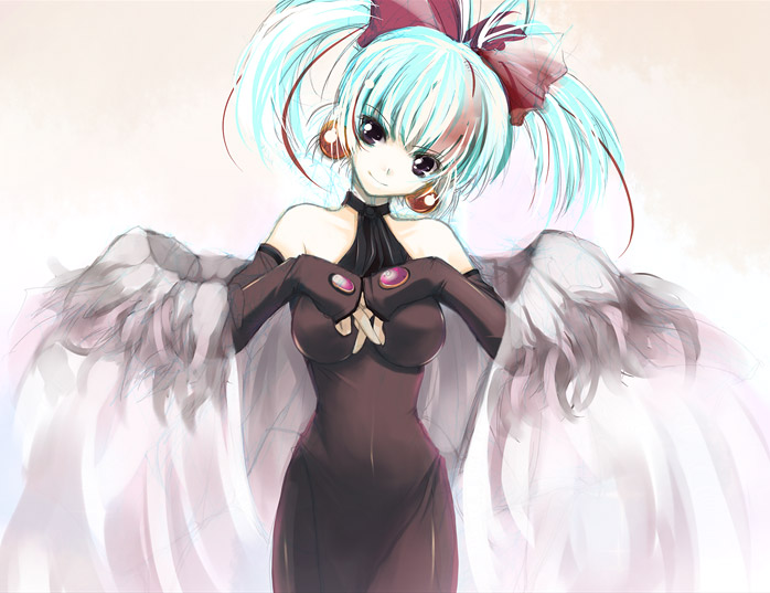aqua_hair bare_shoulders black_dress black_gloves breasts dress elbow_gloves gloves green_eyes hands_on_own_chest large_breasts looking_at_viewer original solo won_(az_hybrid)