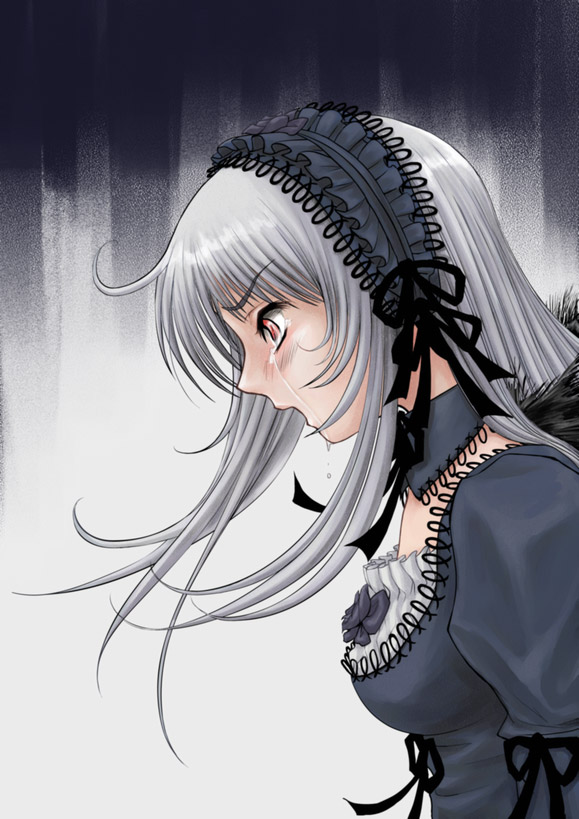 artist_request black_dress breasts cleavage dress duplicate frills from_side hairband juliet_sleeves lolita_hairband long_hair long_sleeves medium_breasts pink_eyes profile puffy_sleeves rozen_maiden silver_hair solo suigintou tears upper_body