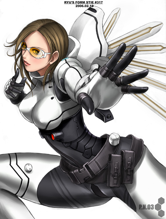 armor belt belt_pouch black_bodysuit bodysuit breasts brown_hair fighting_stance glasses hands large_breasts lipstick makeup outstretched_hand p.n.03 pouch ryu_(ryu's_former_site) short_hair simple_background skin_tight smile solo spread_legs sunglasses thighs vanessa_schneider white_bodysuit wings