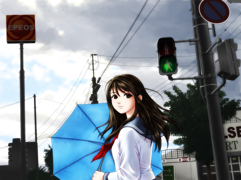 brown_eyes brown_hair copyright_request hamura_mayu lipstick long_hair makeup school_uniform serafuku solo umbrella