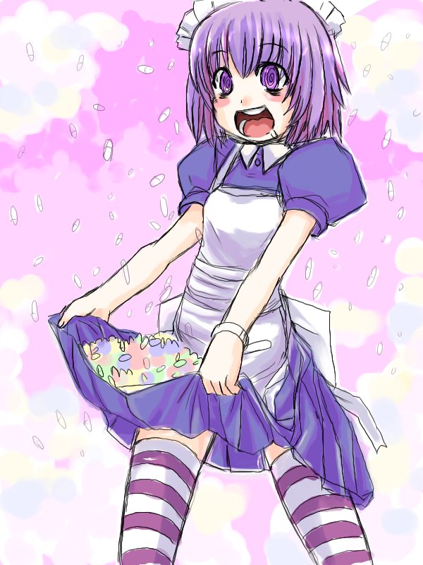 @_@ bad_deviantart_id bad_id dress drooling drugged drugs futaba_channel kekekeke maid maid_headdress nijiura_maids open_mouth pill purple_eyes purple_hair short_hair skirt_basket solo striped striped_legwear thighhighs yakui