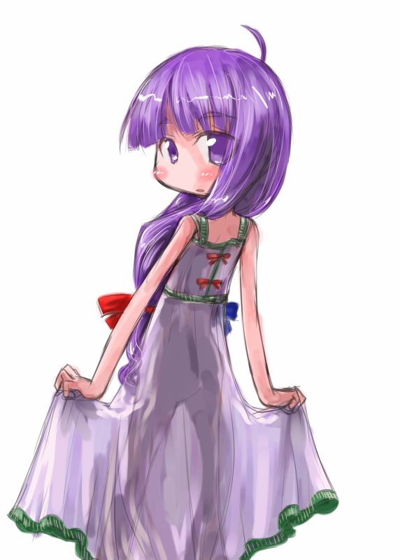 ahoge bangs blue_bow blunt_bangs blush bow dress dress_lift from_behind hair_bow lifted_by_self long_hair looking_at_viewer looking_back patchouli_knowledge purple_eyes purple_hair red_bow see-through simple_background solo standing tao_(kadoya) touhou white_background