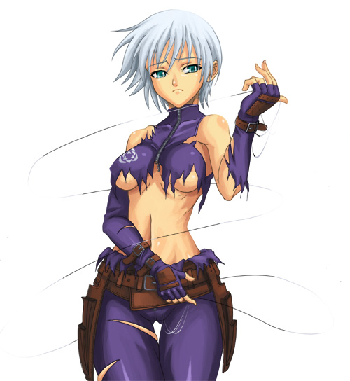 aqua_eyes areola_slip areolae ass_visible_through_thighs bangs bare_shoulders belt belt_pouch breasts breasts_apart buckle cameltoe closed_mouth covered_collarbone covered_nipples cowboy_shot embarrassed emblem fingerless_gloves frown gloves half-closed_eyes halterneck hand_up hips holding holding_weapon legs_together looking_at_viewer medium_breasts midriff navel ninja no_bra pouch raised_eyebrows sheryl_(the_rumble_fish) short_hair shunzou silver_hair simple_background slender_waist solo source_request standing the_rumble_fish thigh_gap torn_clothes turtleneck underboob weapon white_background wire wrist_guards wrist_straps zipper