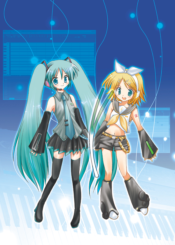 aqua_hair ebisu_senri hatsune_miku kagamine_rin long_hair multiple_girls thighhighs twintails very_long_hair vocaloid