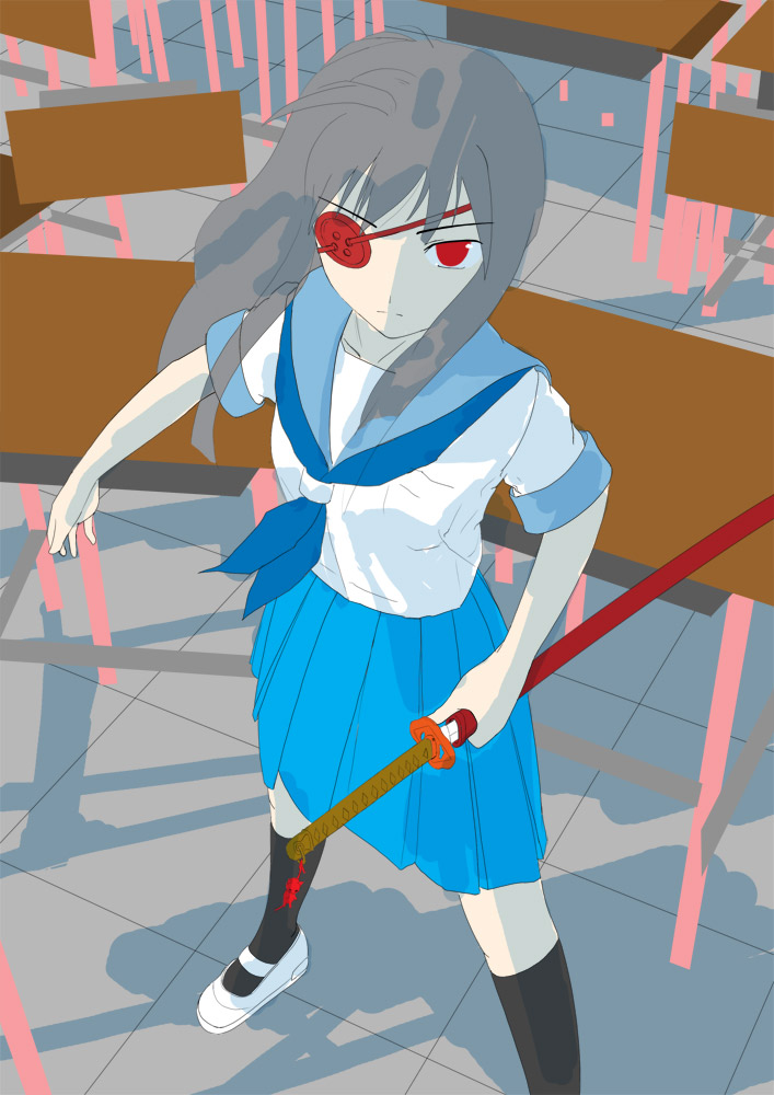 eyepatch katana nekokan original red_eyes school_uniform serafuku solo sword weapon