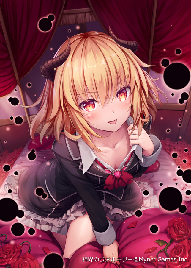 1girl akkijin bed blonde_hair breasts curtains darkness demon_girl demon_horns flower horns looking_at_viewer official_art on_bed orb red_eyes red_flower red_rose rose shinkai_no_valkyrie small_breasts solo tongue tongue_out uniform