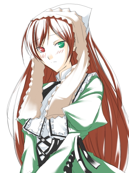 blush brown_hair closed_mouth dress green_dress green_eyes head_scarf heterochromia juliet_sleeves long_hair long_sleeves looking_at_viewer puffy_sleeves red_eyes ribi rozen_maiden smile solo suiseiseki sweatdrop upper_body very_long_hair