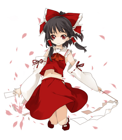 black_hair bow brown_eyes full_body hair_bow hair_tubes hakurei_reimu kusano_houki looking_at_viewer lowres midriff navel red_bow red_eyes red_skirt sidelocks simple_background skirt solo stomach touhou vest white_background