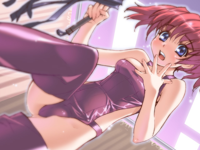 bdsm blue_eyes breasts cleavage copyright_request ino medium_breasts pink_hair short_hair solo thighhighs whip