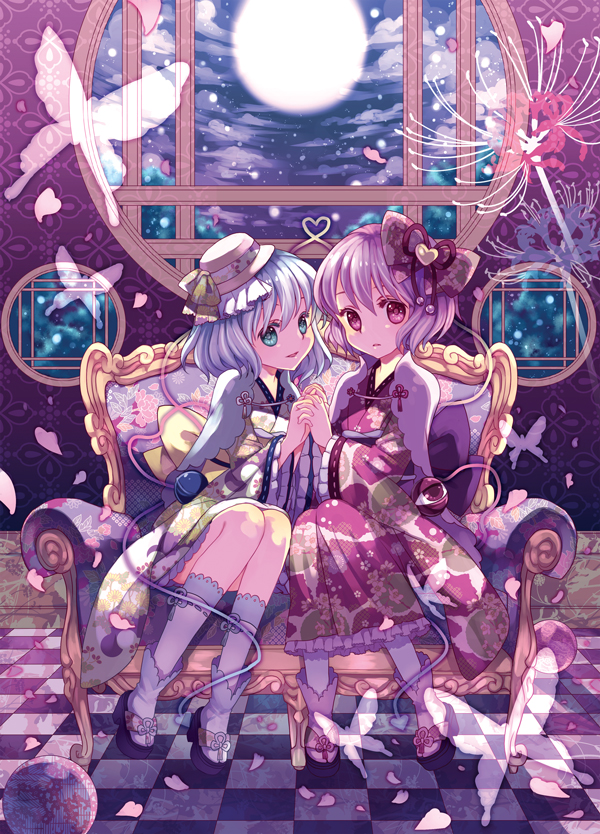 alternate_costume aqua_eyes bow bug butterfly checkered checkered_floor clog_sandals couch floral_print hair_bow hair_ornament hat holding_hands insect japanese_clothes komeiji_koishi komeiji_satori looking_at_viewer mini_hat mini_top_hat moon multiple_girls night perspective pink_eyes pink_hair round_window short_hair siblings silver_hair sisters sitting tabi third_eye top_hat touhou wasabi_(sekai) window
