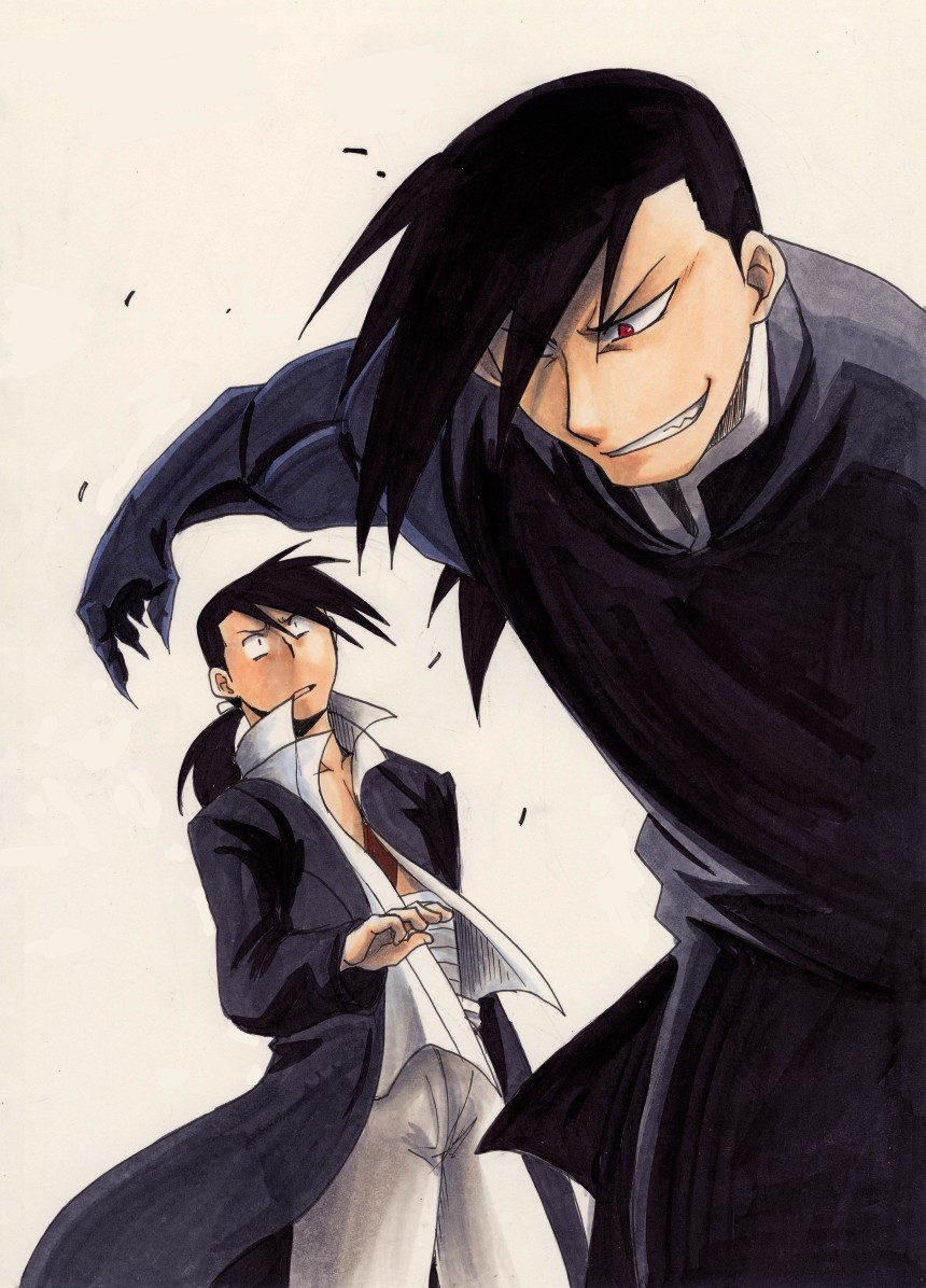 bandages black_hair claws dual_persona fullmetal_alchemist greed grin hair_over_one_eye ling_yao long_hair male_focus multiple_boys open_clothes ponytail red_eyes smile surprised teeth