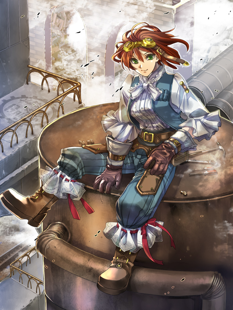 belt boots fantasy full_body gloves goggles goggles_on_head green_eyes pixiv_steampunk red_hair short_hair sitting smile solo steampunk takayama_dan tools
