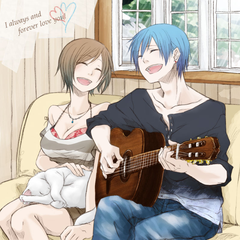 1girl acoustic_guitar bad_id bad_pixiv_id bare_shoulders blue_hair breasts brown_hair cat cleavage closed_eyes couch couple daico english guitar happy hetero instrument kaito large_breasts meiko short_hair shorts sitting smile vocaloid