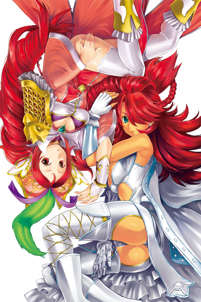 arm_guards armor ass bad_id bad_pixiv_id boots braid breasts cleavage earrings feathers fingerless_gloves gauntlets gloves green_eyes hair_over_one_eye hat jewelry large_breasts long_hair ma_ji multiple_girls rakuto_mangan red_eyes red_hair rotational_symmetry sangokushi_taisen shirt taut_clothes taut_shirt thighhighs upside-down very_long_hair wang_yue white_legwear