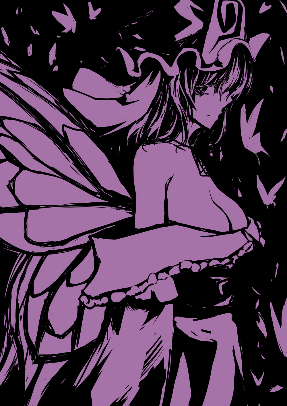 bad_id bad_pixiv_id bare_shoulders breasts bug butterfly cleavage din_(flypaper) hat highres insect japanese_clothes large_breasts monochrome saigyouji_yuyuko solo touhou wings