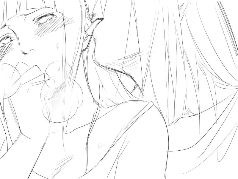 bad_id bad_pixiv_id blush breath ear_licking embarrassed greyscale hair_over_eyes hyuuga_hinata kazari_tayu licking monochrome multiple_girls naruto naruto_(series) nervous sketch sweat tayuya tears yuri