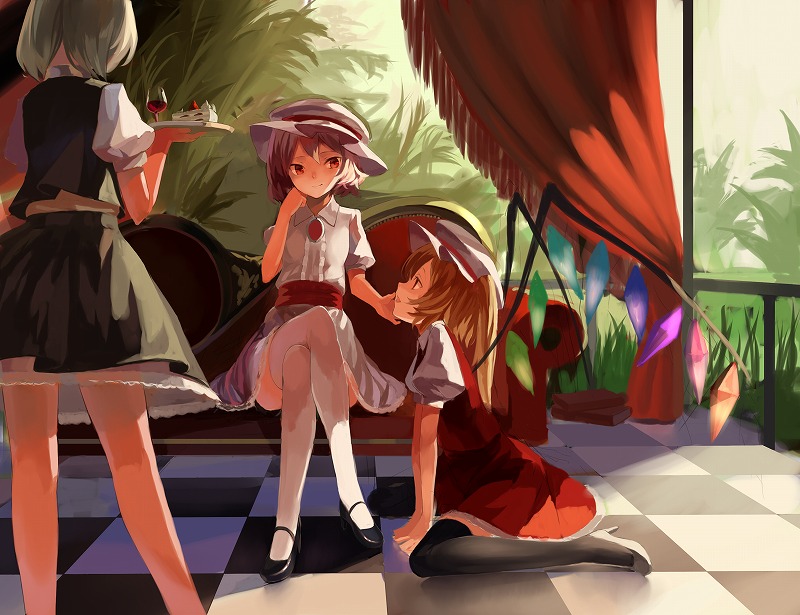bad_id bad_pixiv_id black_legwear cake checkered checkered_floor chin_grab chin_rest couch crossed_legs cup drinking_glass flandre_scarlet food hat high_heels izayoi_sakuya long_legs maid mary_janes multiple_girls perspective petticoat remilia_scarlet shoes sitting smile thighhighs touhou tray wariza white_legwear wine_glass wings yasumo_(kuusouorbital)