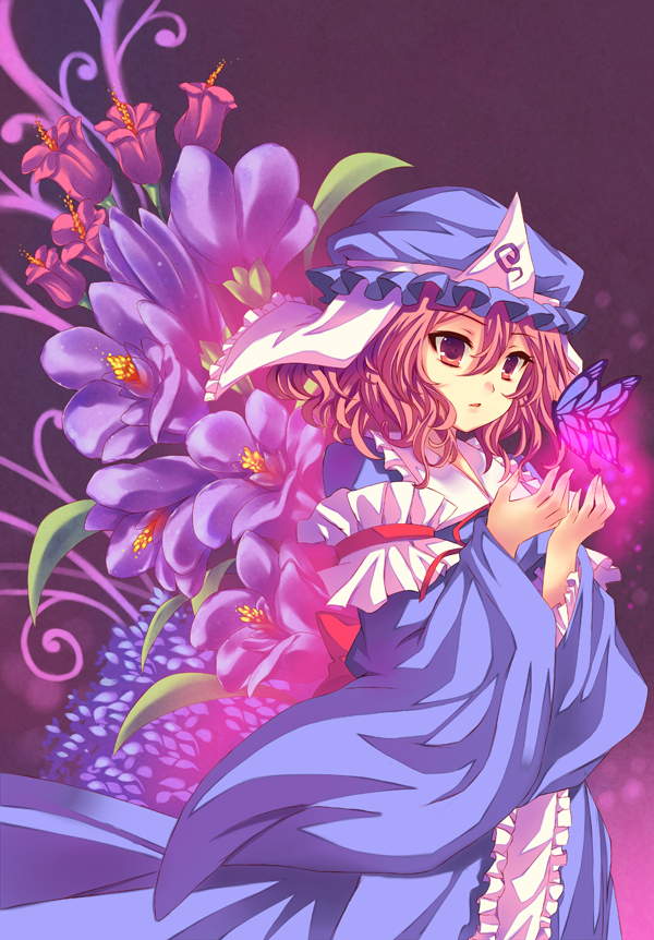 bad_id bad_pixiv_id bug butterfly flower hat insect japanese_clothes peach_(momozen) pink_eyes pink_hair saigyouji_yuyuko short_hair solo touhou