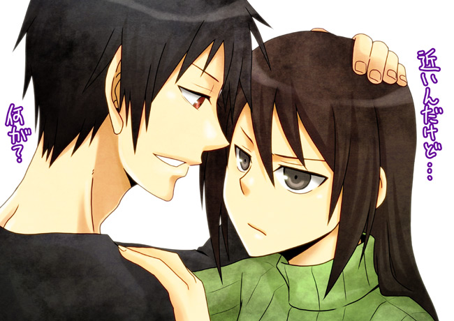 1girl bad_id bad_pixiv_id durarara!! hand_on_another's_head orihara_izaya saklo translated yagiri_namie