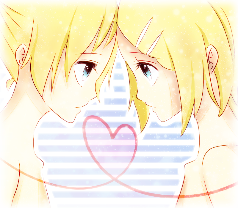 1girl bad_id bad_pixiv_id blonde_hair blue_eyes brother_and_sister chiyu_(sweet) eye_contact hair_ornament hairclip heart incest kagamine_len kagamine_rin looking_at_another nude short_hair siblings twincest twins vocaloid
