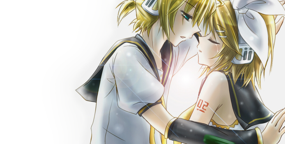 1girl blonde_hair blush brother_and_sister closed_eyes couple detached_sleeves hair_ribbon hetero imminent_kiss incest kagamine_len kagamine_rin ribbon siblings tears twincest twins vocaloid xinya