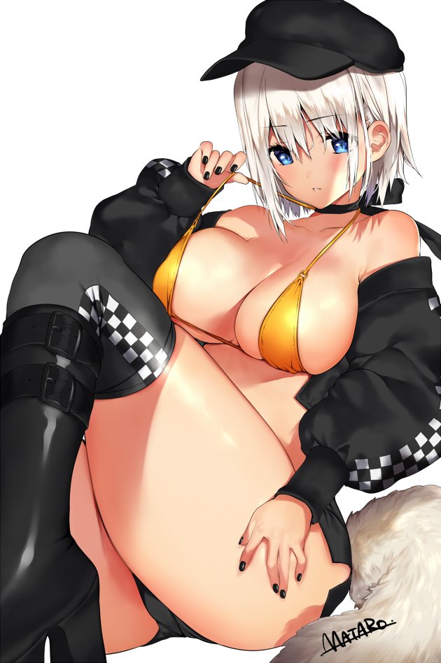 1girl bangs bikini_top black_footwear black_legwear blue_eyes boots breasts choker cleavage commentary_request eyebrows_visible_through_hair fingernails hat jacket large_breasts long_sleeves looking_at_viewer matarou_(genkai_toppa) midriff nail_polish off_shoulder open_clothes open_jacket original parted_lips platform_footwear shiny shiny_clothes shiny_skin short_hair short_shorts shorts signature simple_background sitting solo white_background white_hair yellow_bikini_top