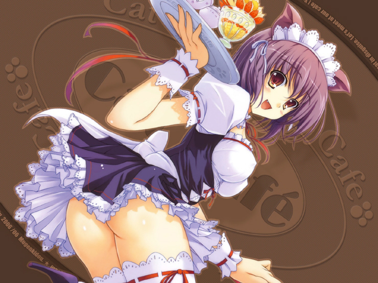 animal_ears cat_ears copyright_request smile solo thighhighs tomose_shunsaku tray waitress