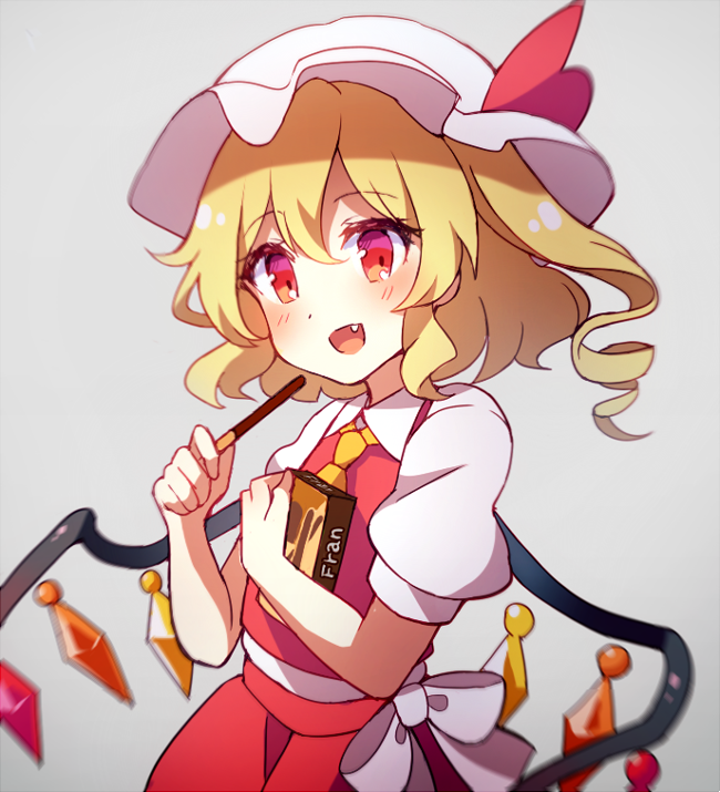 1girl 60mai :d ascot bangs blonde_hair blush box commentary_request cowboy_shot crystal eyebrows_visible_through_hair fang flandre_scarlet food grey_background hair_between_eyes hat hat_ribbon holding holding_box holding_food mob_cap one_side_up open_mouth pocky puffy_short_sleeves puffy_sleeves red_eyes red_ribbon red_skirt red_vest ribbon shirt short_hair short_sleeves simple_background skirt skirt_set smile solo touhou vest white_hat white_shirt wings yellow_neckwear
