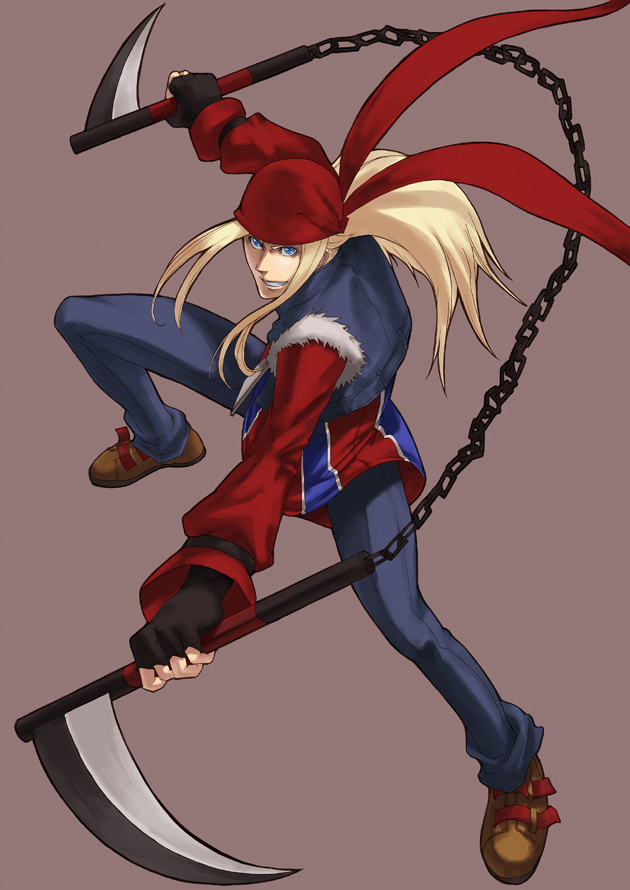 axl_low bandana beige_background black_gloves blonde_hair brown_eyes chain dual_wielding fighting_stance fingerless_gloves full_body gloves guilty_gear holding holding_weapon ippo loafers long_hair looking_at_viewer male_focus outstretched_arms pants ponytail shoes simple_background solo uniform weapon