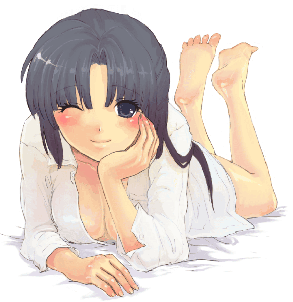 asakura_ryouko barefoot bed blush breasts cleavage feet large_breasts open_clothes open_shirt shirt solo suzumiya_haruhi_no_yuuutsu tomako
