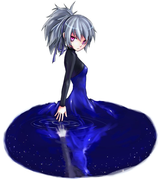 artist_request blue_bodysuit bodysuit closed_mouth darker_than_black expressionless looking_at_viewer pink_eyes ponytail shaded_face silver_hair simple_background skin_tight solo water wet wet_clothes white_background yin