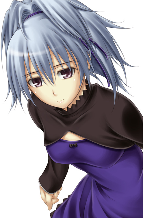 big_wednesday cleavage_cutout cowboy_shot darker_than_black dress long_sleeves ponytail purple_dress purple_eyes short_hair simple_background solo spiked_hair white_background yin