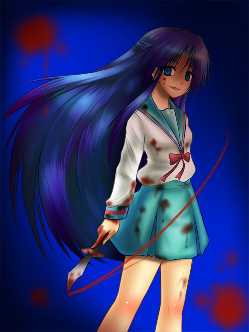 1girl asakura_ryouko blood chipa_(arutana) knife school_uniform serafuku solo suzumiya_haruhi_no_yuuutsu