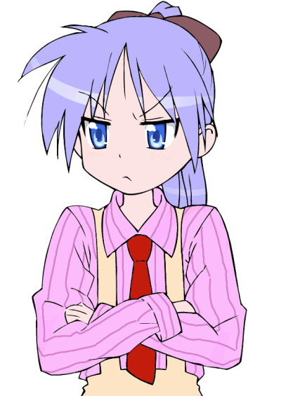 angry blue_eyes bow crossed_arms hair_bow hiiragi_kagami hiiragi_tsukasa lucky_star necktie ponytail purple_hair