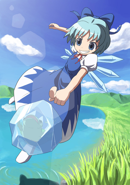 blouse blue_dress blue_hair bow cirno dress flying frog frozen frozen_frog gahiro grass grin hair_bow hill ice ice_wings lake light_rays puffy_short_sleeves puffy_sleeves red_ribbon ribbon ripples short_sleeves smile solo sunbeam sunlight touhou white_blouse wings