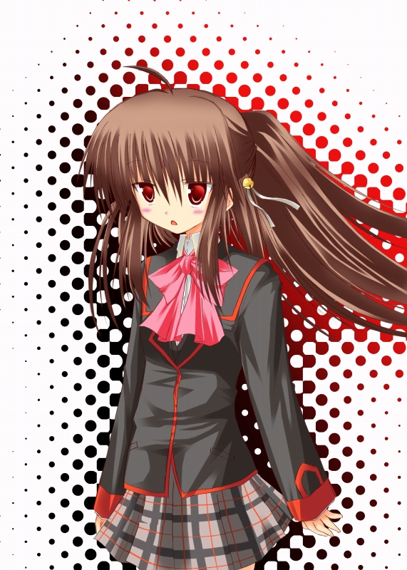 akane_souichi bow brown_hair brown_skirt collared_shirt little_busters! long_hair long_sleeves looking_at_viewer natsume_rin pink_bow ponytail red_eyes school_uniform shirt sidelocks skirt solo standing very_long_hair