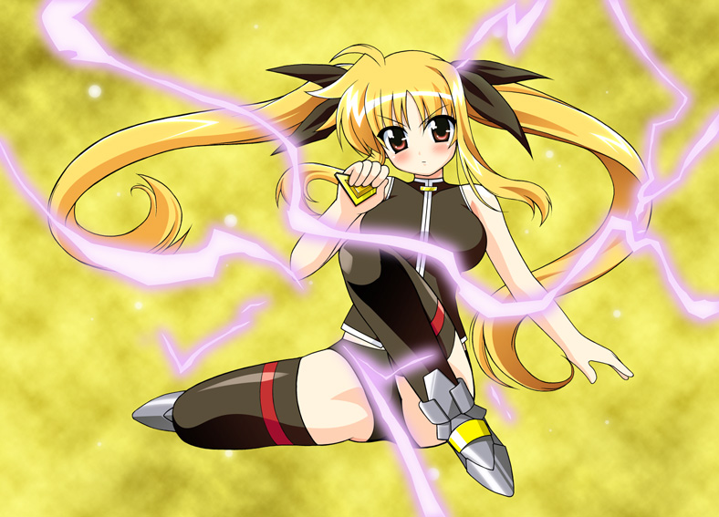 ankle_boots armored_boots bardiche blonde_hair boots chirorian electricity fate_testarossa floating_hair full_body long_hair looking_at_viewer lyrical_nanoha magical_girl mahou_shoujo_lyrical_nanoha_strikers red_eyes simple_background sitting solo thighhighs thighs twintails wind yellow_background