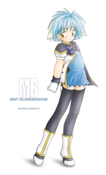 1girl animal_ears bangs blancmanche_mint blue_hair character_name galaxy_angel gloves green_eyes looking_at_viewer mint_blancmanche puffy_sleeves short_hair simple_background solo thighhighs white_background yellow_eyes