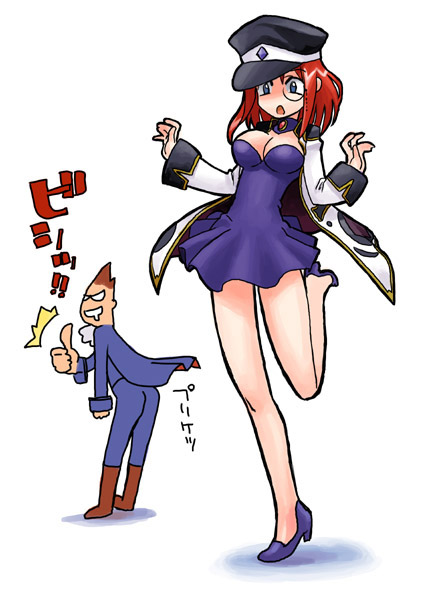 1girl ascot boots breasts brown_hair cape cleavage crossover demitri_maximoff dress forte_stollen galaxy_angel hat high_heels hirai_yukio jacket leg_lift medium_breasts monocle open_mouth peaked_cap purple_dress red_hair saliva shoes short_hair thumbs_up vampire_(game)