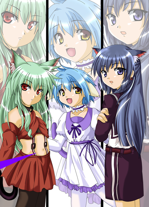 3girls bangs blancmanche_mint blue_eyes blue_hair brown_eyes galaxy_angel green_hair karasuma_chitose long_hair looking_at_viewer looking_back midriff mint_blancmanche multiple_girls open_mouth red_eyes short_hair smile vanilla vanilla_h