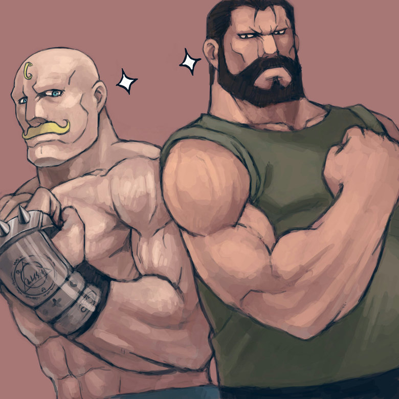 abs alex_louis_armstrong bald beard black_hair cleft_chin facial_hair fullmetal_alchemist goatee male_focus manly mukuo multiple_boys muscle mustache sig_curtis simple_background sparkle