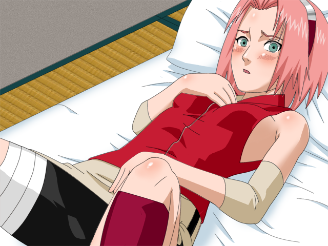 1girl arm_warmers bandage bare_shoulders bed bike_shorts blush breasts forehead_protector from_above game_cg green_eyes hand_on_chest haruno_sakura headband headdress indoors looking_at_viewer looking_up lying maten miniskirt naruto naruto_shippuuden on_back on_bed open_mouth pillow pink_hair red_shirt shiny shiny_hair shirt short_hair shorts shorts_under_skirt side_slit skirt sleeveless sleeveless_shirt small_breasts solo spandex white_skirt