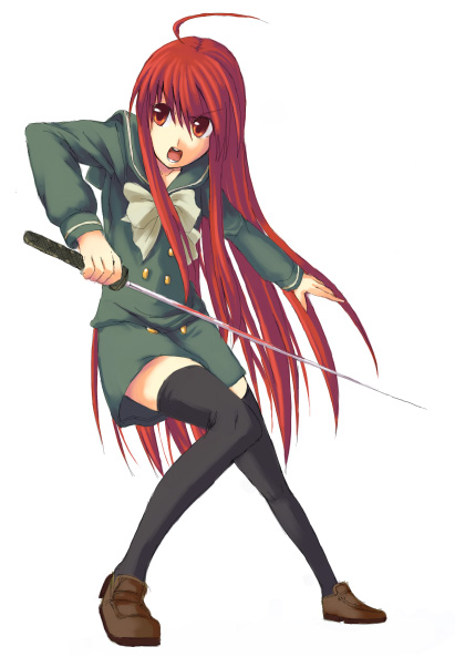 red_eyes red_hair school_uniform seifuku serafuku shakugan_no_shana shana sword thighhighs weapon