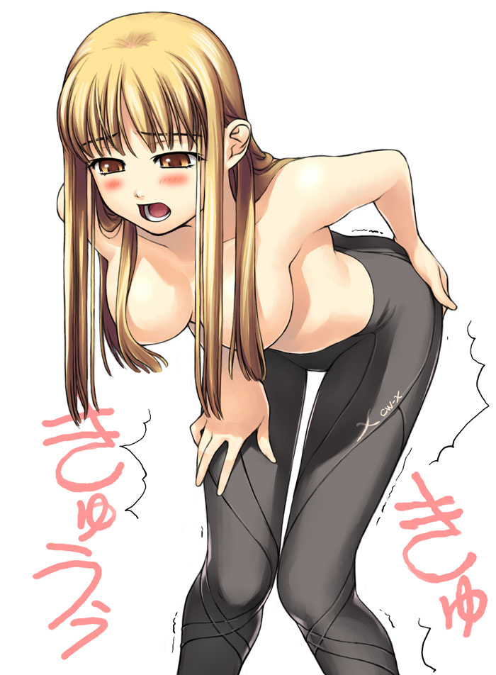 bb bent_over blonde_hair blush breasts brown_eyes cleavage female fomalhaut girl large_breasts pain pantyhose sexy tanaka_shoutarou tights topless