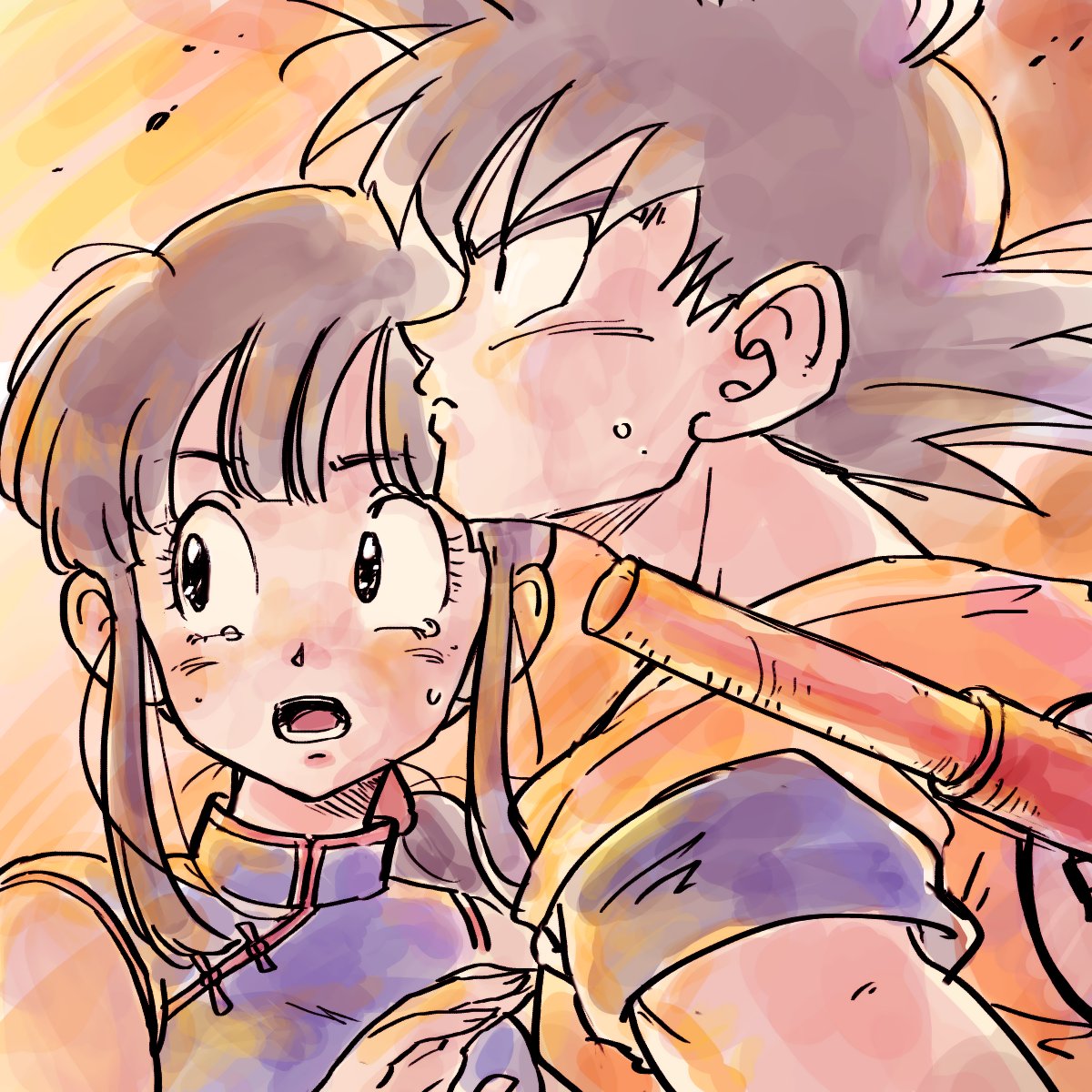 1boy 1girl bangs black_eyes black_hair chi-chi_(dragon_ball) chinese_clothes close-up clothes_writing commentary_request couple crying crying_with_eyes_open d: dragon_ball dragon_ball_(classic) eyebrows_visible_through_hair eyelashes face frown gradient hand_up hetero highres looking_away looking_up nyoibo open_mouth ponytail profile serious short_hair son_gokuu spiked_hair tears teeth tkgsize upper_body wind wind_lift