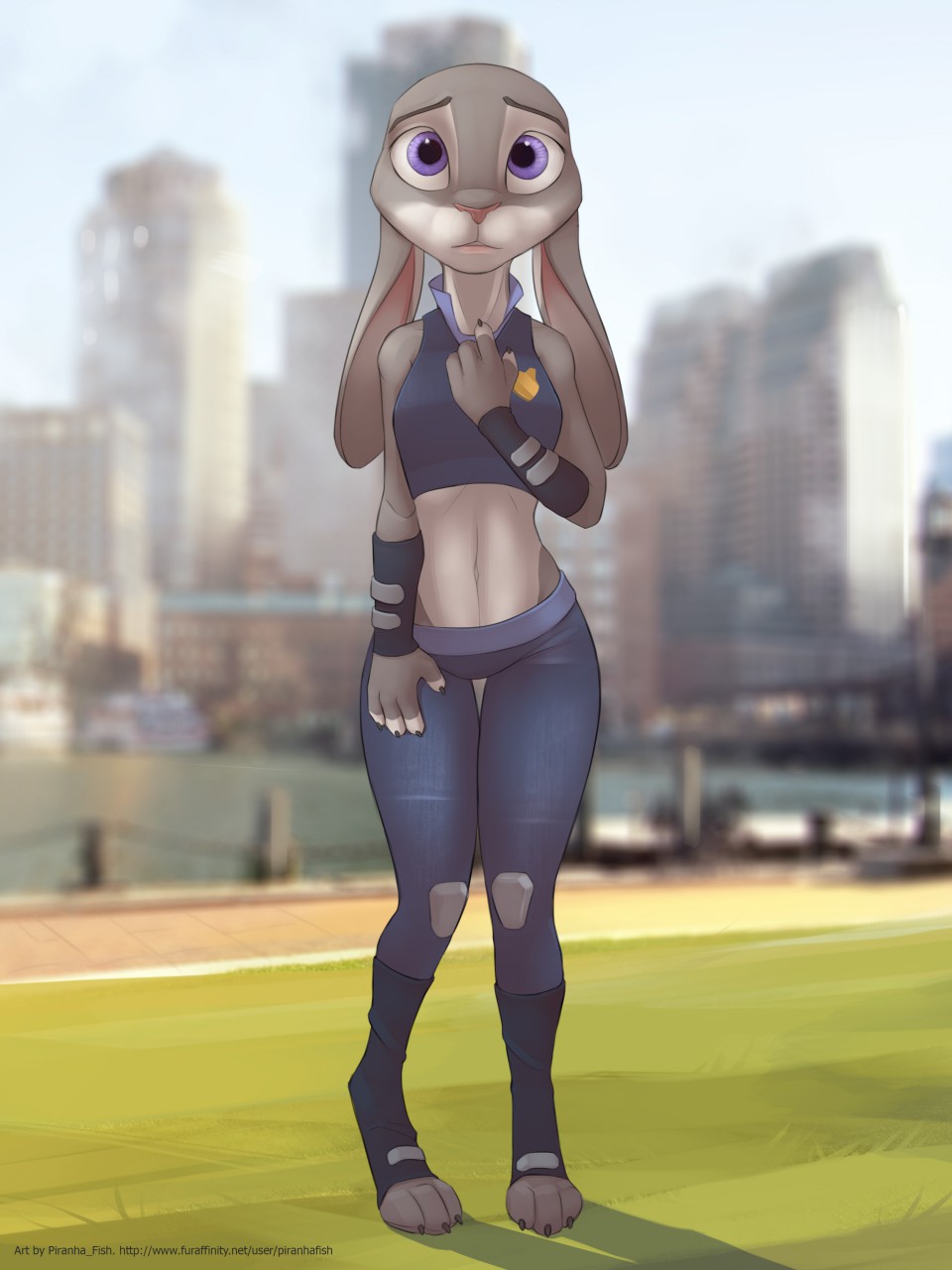 2019 3_toes 4_fingers anthro athletic barefoot blurred_background breasts city cityscape claws clothed clothing day detailed_background digital_media_(artwork) disney ears_down female grass judy_hopps lagomorph looking_at_viewer mammal midriff navel outside pigeon_toed piranha_fish purple_eyes rabbit sky solo standing toe_claws toes zootopia